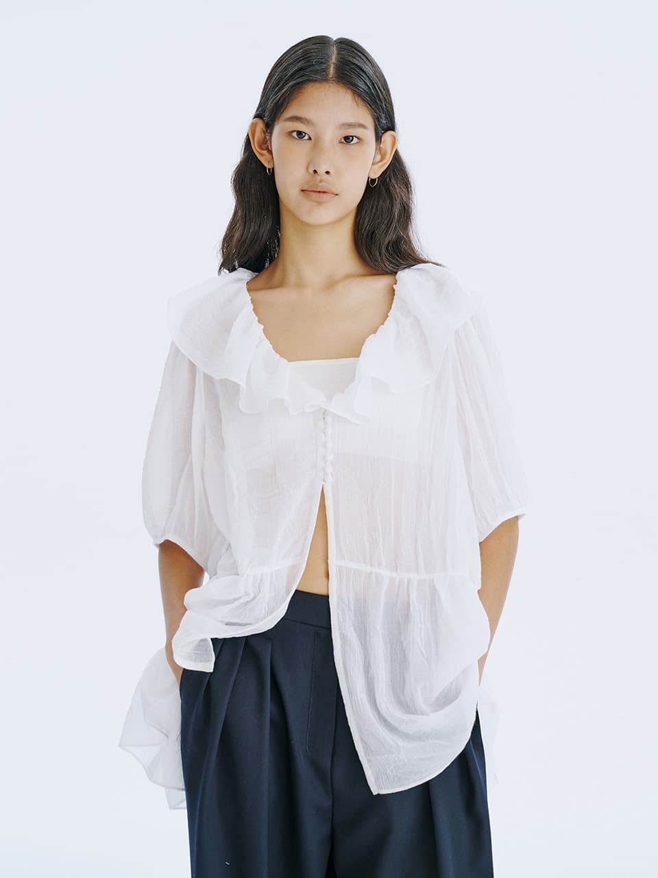 See-Through Oversized shirred blouse — White — vue 8