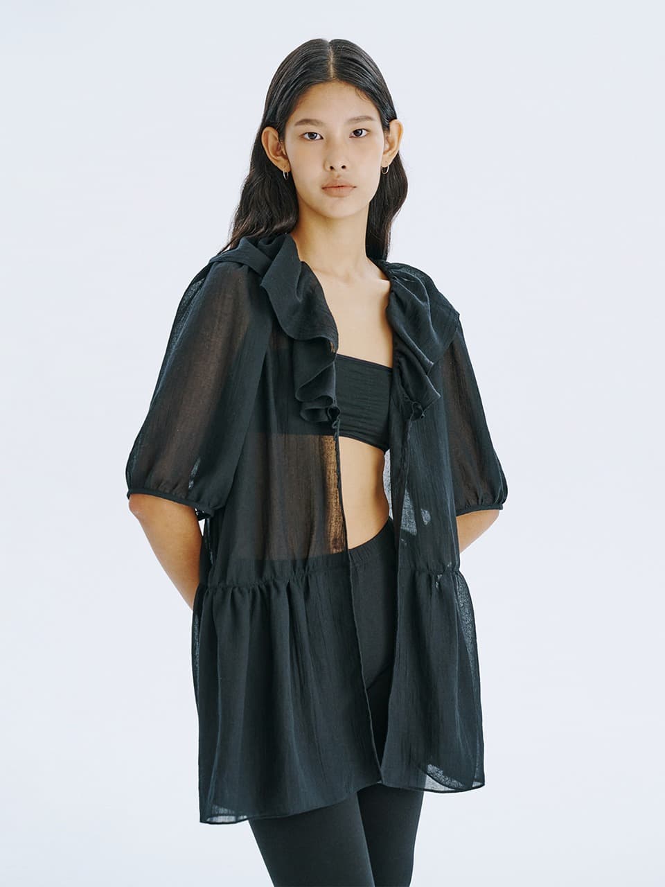 See-Through Oversized shirred blouse — Black — vue 8